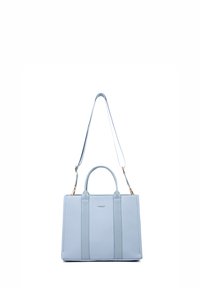 Borsa a tracolla in pelle blu chiaro con due manici, una tracolla rimovibile e dettagli in rilievo. Texture liscia con forma rettangolare strutturata.