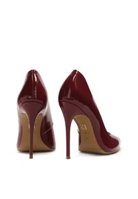 Burgundy patent leather high-heeled pumps with pointed toes and slim stiletto heels; features a smooth, glossy finish and brand logo on the sole.