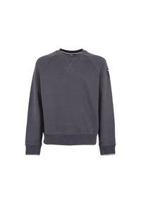 Szary sweatshirt z okrągłym dekoltem, ściągaczami na mankietach i dolnym brzegu oraz naszywką na lewym ramieniu. Posiada miękką teksturę i minimalne detale przeszyć.