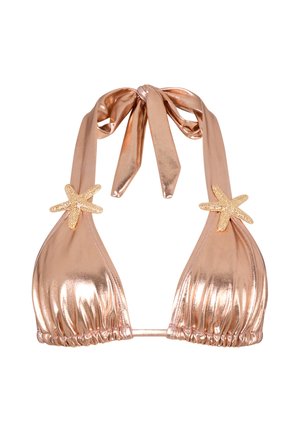 BikinOberteil aus roségoldfarbenem Metallic-Stoff mit dreieckigen Cups, geraffter Textur und dekorativen Seestern-Akzenten auf jeder Seite. Bindebänder am Hals und Rücken.