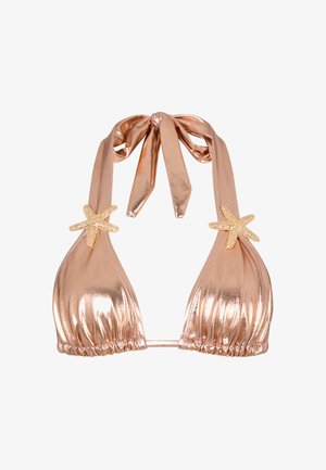 Roze gouden metallic bikini top met driehoekige cups, geplooide textuur en decoratieve zeesteraccenten aan weerszijden. Strikt aan de hals en op de rug.