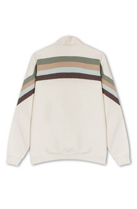 Felpa crema con strisce multicolori in marrone, verde e azzurro sul retro, con polsini e orlo a costine.