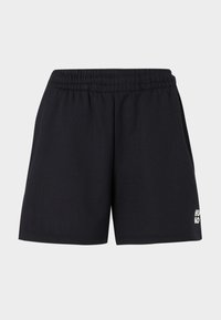 Black shorts with an elastic waistband, made of soft fabric. Features a small white "HUGO" logo on the lower left side.