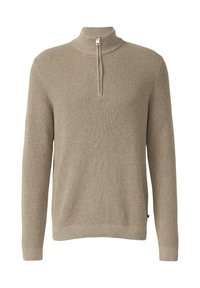 Sweter dzianinowy w jasnym beżu z wysokim kołnierzem i pół zamkiem. Charakteryzuje się teksturowanym materiałem oraz ściągaczami na rękawach i u dołu, co zapewnia dopasowany wygląd.