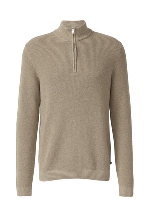 Pull en maille de couleur beige clair avec un col montant et une demi-fermeture éclair. Présente un tissu texturé et des poignets et un ourlet côtelés pour un look ajusté.