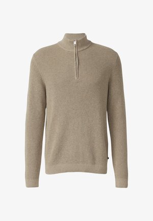Sweter dzianinowy w jasnym beżu z wysokim kołnierzem i pół zamkiem. Charakteryzuje się teksturowanym materiałem oraz ściągaczami na rękawach i u dołu, co zapewnia dopasowany wygląd.