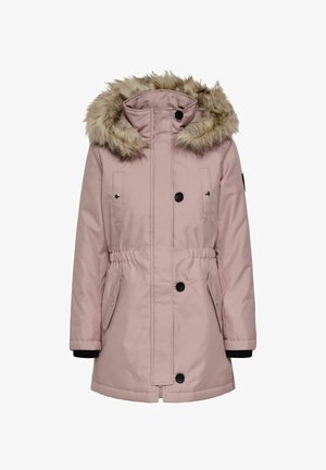 Světle růžový zimní kabát s kapucí lemovanou kožešinou, zapínáním na knoflíky a zip, předními kapsami s klopami a elastickým pasem.