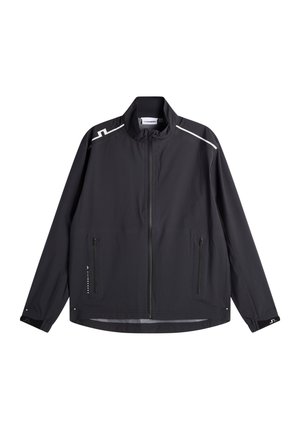 Schwarze leichte Jacke mit hohem Kragen, Frontreißverschluss, reflektierenden Akzenten und zwei Seitentaschen. Glatte Textur und lockere Passform.