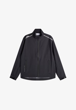 Schwarze leichte Jacke mit hohem Kragen, Frontreißverschluss, reflektierenden Akzenten und zwei Seitentaschen. Glatte Textur und lockere Passform.