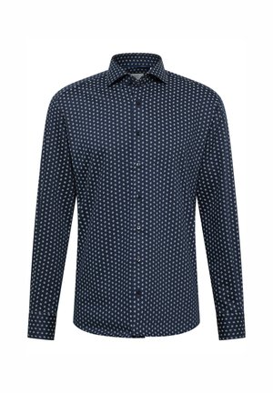 Marineblauwe overhem shirt met lange mouwen, voorzien van een klein wit stippenpatroon, standaard kraag en een rechte zoom.