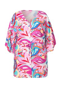Blusa leggera con motivo floreale colorato, scollo a V, maniche corte, bottoni sul davanti e vita regolabile con cordoncino.