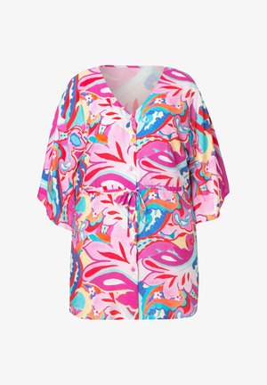 Kleurige, bloempatronen lichtgewicht blouse met een V-hals, korte mouwen, knopen aan de voorkant en een verstelbare taille.