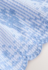 Light blue and white striped fabric with detailed floral embroidery and scalloped edges.
