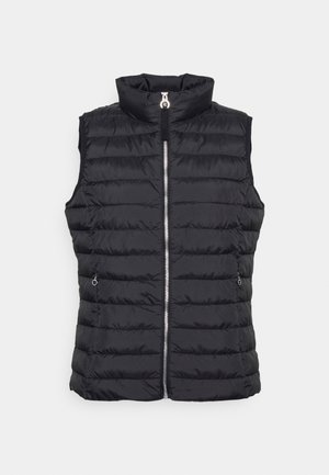 Gilet matelassé noir avec un col haut, fermeture éclair à l'avant et design matelassé horizontal. Comprend des poches latérales avec fermetures éclair.