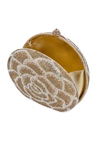 Złota kopertówka z koralikami o owalnym kształcie, zdobiona kwiatowym wzorem. Wnętrze wyściełane żółtym materiałem, zamykane ozdobnym zapięciem.