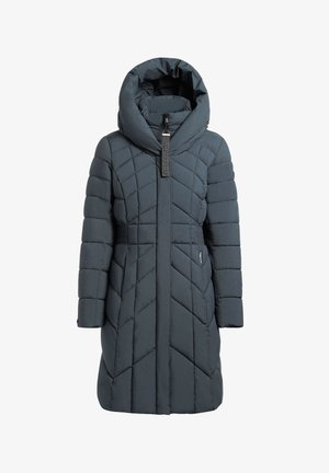 Cappotto puffato trapuntato fino al ginocchio di colore grigio scuro. Presenta un ampio cappuccio oversize, chiusura con zip e motivo diagonale. Adatto per il freddo.