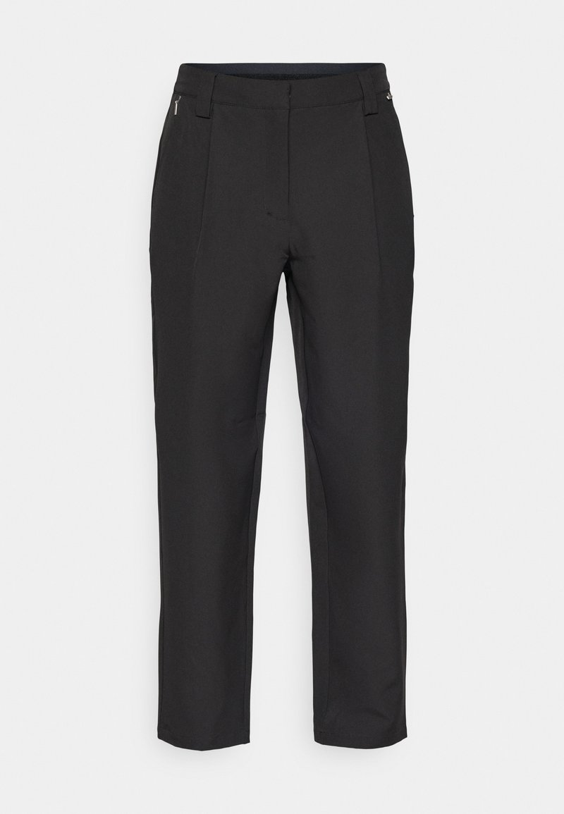 Czarne spodnie o prostym kroju, charakteryzujące się gładką teksturą, akcentami w postaci zamków oraz płaskim przodem bez widocznych wzorów.