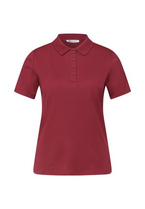 Damska ciemnoczerwona koszulka polo z krótkim rękawem, czterema guzikami i klasycznym kołnierzykiem, wyświetlana na białym tle.