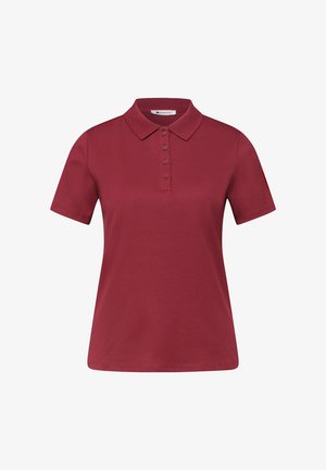 Dame mørkerød polo med korte ærmer, fire knapper og klassisk krave, vist på hvid baggrund.