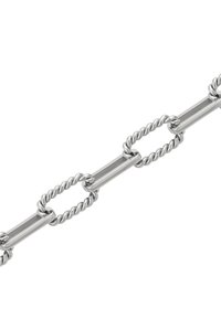 Collana in argento con anelli attorcigliati e barre rettangolari, con una superficie liscia e una finitura riflettente, che offre un contrasto testurizzato.