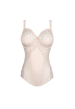 Body in rosa pallido con rifiniture in pizzo, coppe con ferretto, spalline regolabili e dettagli con cuciture verticali per definire la forma.