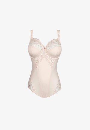 Body en rose pâle orné de dentelle avec bonnets à armatures, bretelles réglables et coutures verticales pour une silhouette sculptée.