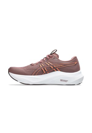 Running shoe with a pink mesh upper, orange accents, and a white cushioned sole. Features a 3D guidance system for support.