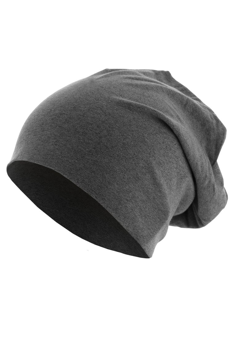 Beanie de culoare gri cărbune, fabricat dintr-un material moale și elastic. Design slouchy cu vârf rotund și tiv rulat, oferind un aspect relaxat.