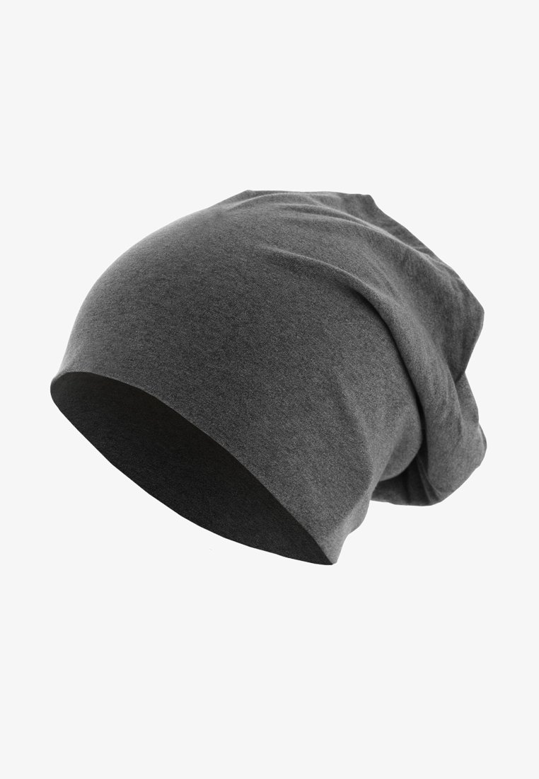 Charcoal grijze beanie gemaakt van zacht, rekbaar materiaal. Slouchy ontwerp met een ronde top en opgerolde zoom, wat zorgt voor een ontspannen uitstraling.