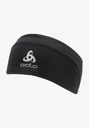 Fascia per capelli nera in tessuto con superficie testurizzata e logo. Presenta un design sottile e elastico, adatto per l'uso atletico.