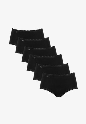 Culottes en coton noir avec une bordure en dentelle le long de la taille, affichant une finition lisse et six paires disposées en rangée.