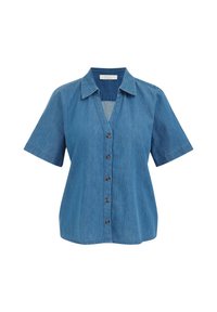 Zila džinsu īsām piedurknēm krekls ar apkakli, V formas kakla izgriezumu un brūniem pogām priekšpusē. Piedāvā relaksētu piegriezumu un noapaļotu apakšmalu.