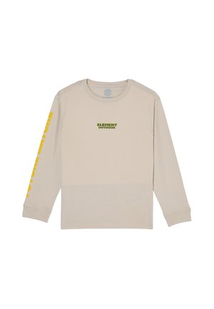 Beige overhemd met lange mouwen met groene tekst ""ELEMENT OUTDOOR"" op de borst en gele verticale tekst op de linkermouw.