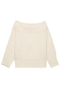 Maglione corto di colore crema con design off-the-shoulder, colletto e polsini a coste, realizzato in un morbido materiale lavorato a maglia.