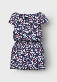 Robe romaine à fleurs avec décolleté bardot et manches courtes, présentant un fond navy et des accents roses, blancs et lavande. Détail de taille élastique.