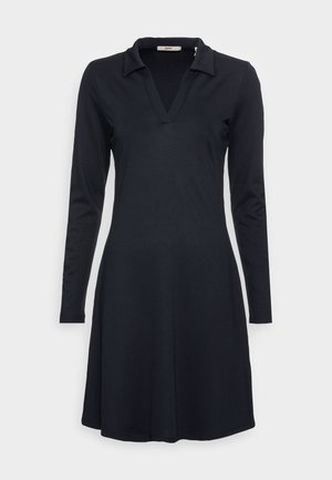Black long-sleeve A-line dress with a collar and V-neck opening, made from soft fabric, labeled Esprit.