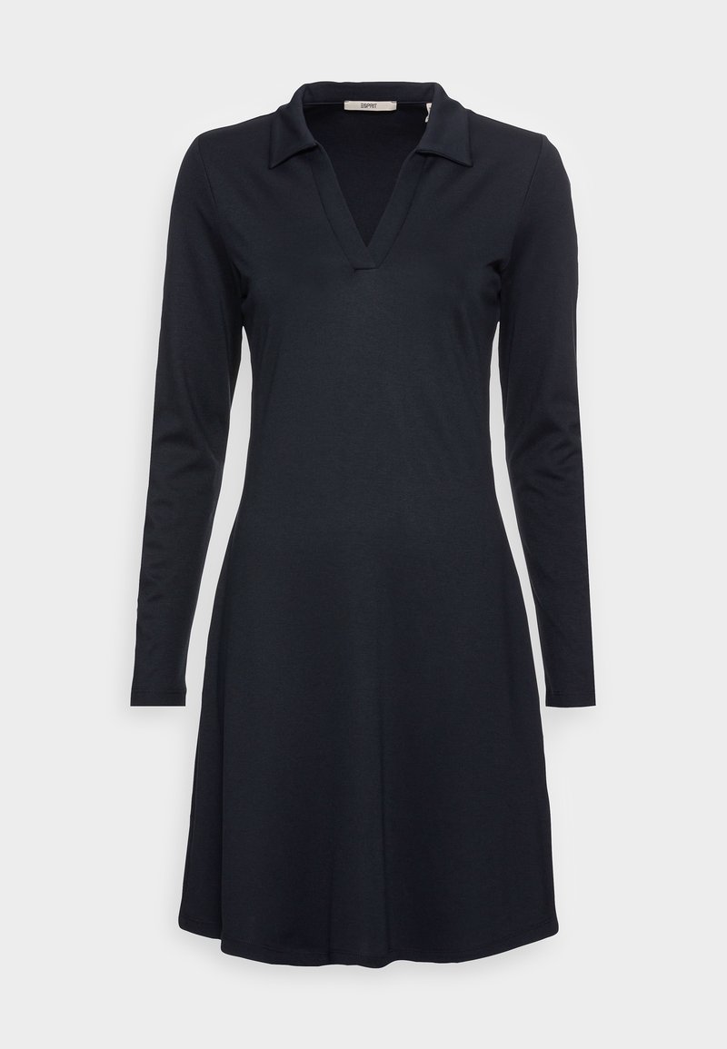 Robe noire à manches longues, coupe trapèze, avec col et ouverture en V, en tissu doux, de la marque Esprit.