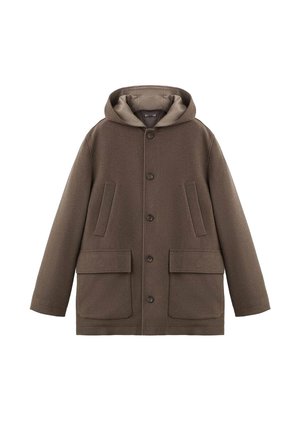Cappotto marrone con cappuccio, apertura con bottoni, due tasche superiori oblique e due tasche inferiori con patta, realizzato in materiale di lana spesso.