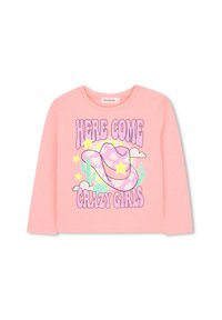 Roze lange mouwen overhemd met een grafisch ontwerp van een cowboyhoed, sterren en cactussen, gedrukt in verschillende kleuren. Zacht katoenen materiaal.