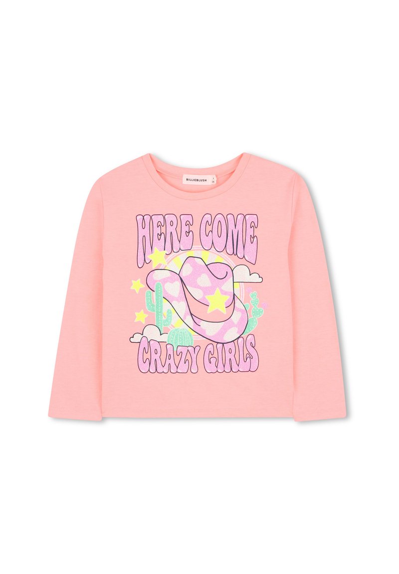 Roze lange mouwen overhemd met een grafisch ontwerp van een cowboyhoed, sterren en cactussen, gedrukt in verschillende kleuren. Zacht katoenen materiaal.