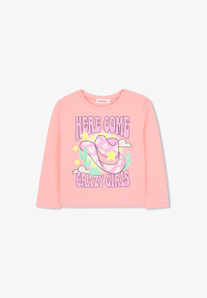 Roze lange mouwen overhemd met een grafisch ontwerp van een cowboyhoed, sterren en cactussen, gedrukt in verschillende kleuren. Zacht katoenen materiaal.