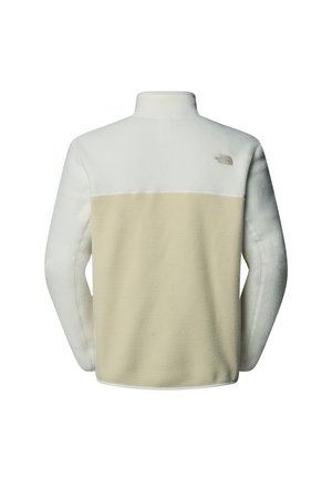 Fleece jack met een witte bovenkant en een beige ondersectie, ontworpen met een hoge kraag en het North Face-logo in lichtgrijs.