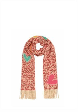 Long beige scarf with red leopard spots and colorful heart patches, featuring fringed ends.