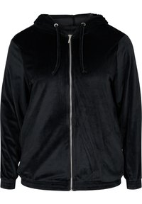 Černá mikina s kapucí na zip vyrobená z měkké, texturované látky. Má kapuci, nastavitelné šňůrky a elastické manžety.