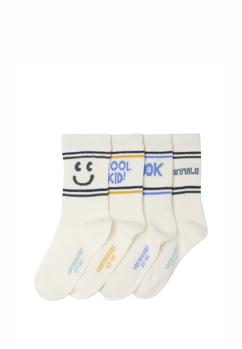 Vier Paare weiße Socken mit verschiedenen farbigen Akzenten. Die Designs umfassen ein Smiley-Gesicht, "COOL KID!" und den Text "STYLE". Gestreifte Muster an den Bündchen.