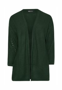 Mörkgrön öppen stickad kavaj med lång ärm och ribbad struktur.