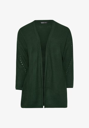 Dark green open-front knit cardigan with long sleeves and ribbed texture.