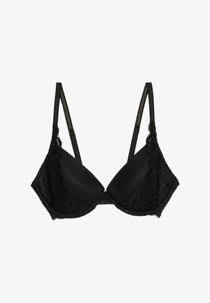 Sostenes de encaje negro con copas acolchadas y bordes festoneados. Tirantes ajustables y cierre de gancho en la parte posterior. Textura suave con patrón de puntos.