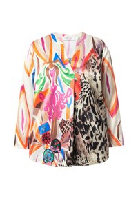 Blusa de seda multicolor con vibrantes patrones geométricos y florales, cuello en V y mangas largas, con parches de tela en la parte delantera.