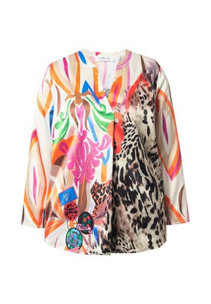 Blouse en soie multicolore avec des motifs géométriques et floraux éclatants, décolleté en V et manches longues, ornée de patchs en tissu sur le devant.